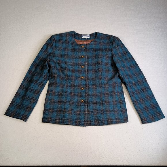 Vintage Pendleton 100% Virgin Wool Blue & Brown Tartan Plaid Women Size 8 Blazer - Picture 1 of 10